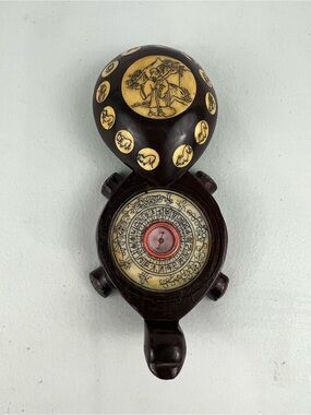 Vintage Chinese Feng Shui Turtle Compass Zodiac Wood Bone Inlay